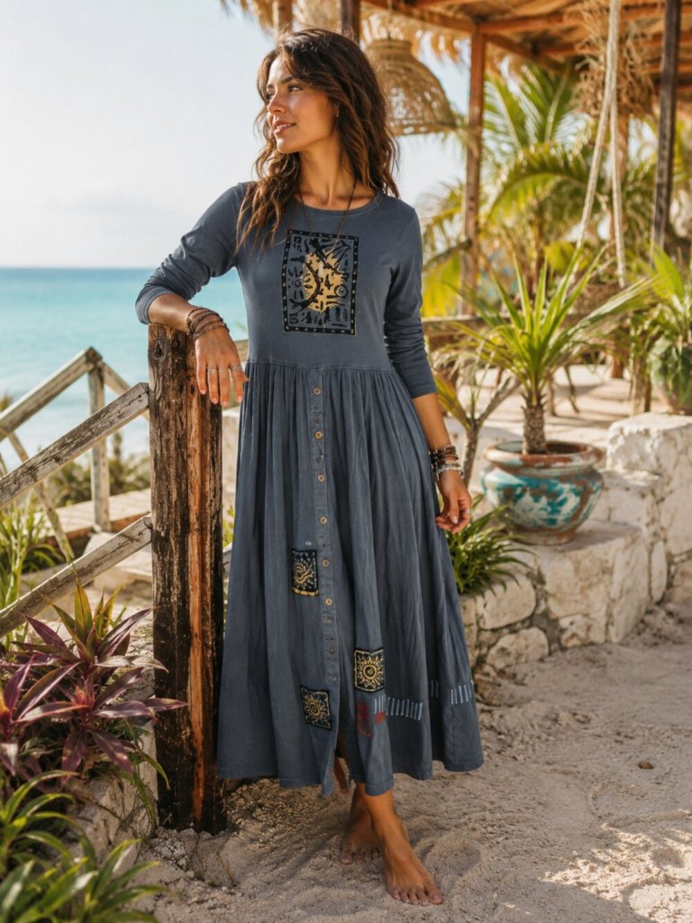 Vtg 90s Focus Lagenlook Atw Artsy Long Hippie Boho Dress